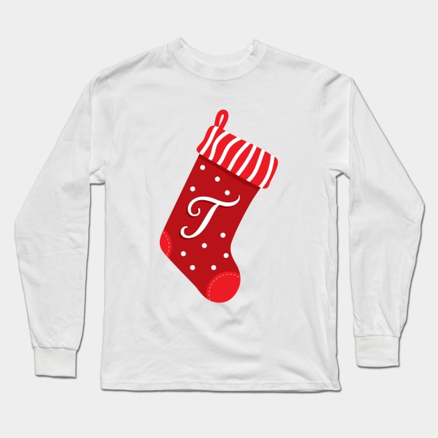 Christmas Stocking with the Letter T Long Sleeve T-Shirt by VicEllisArt